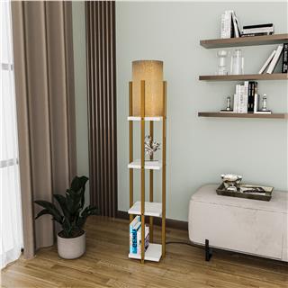 Abajur Başlıklı Raflı Lambader Parlak Gold Beyaz Shelflamp-8120