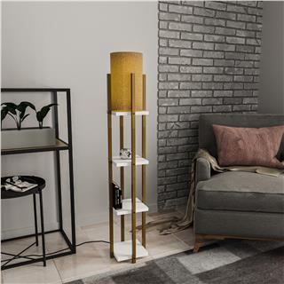 Abajur Başlıklı Raflı Lambader Parlak Gold Beyaz Shelflamp-8120