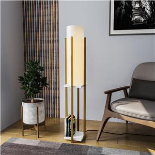 Abajur Başlıklı Raflı Lambader Parlak Gold Beyaz Shelflamp-8133