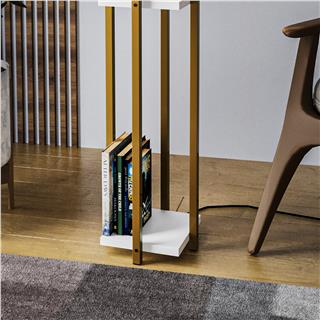 Abajur Başlıklı Raflı Lambader Parlak Gold Beyaz Shelflamp-8133
