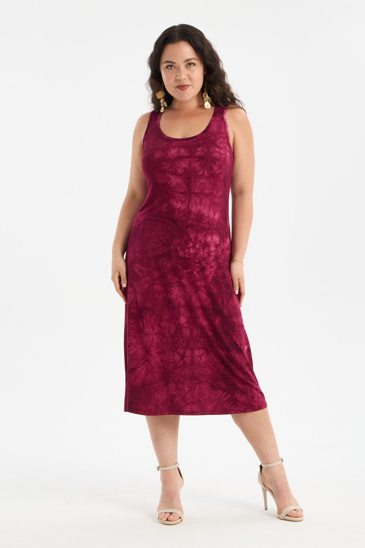 Kadın Bordo Batik Boyama Askılı Büyük Beden Elbise