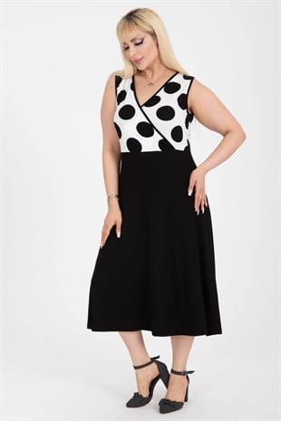 Kadın Beyaz Siyah Puantiye Desen Bloklu Biye Detay Kruvaze Elbise