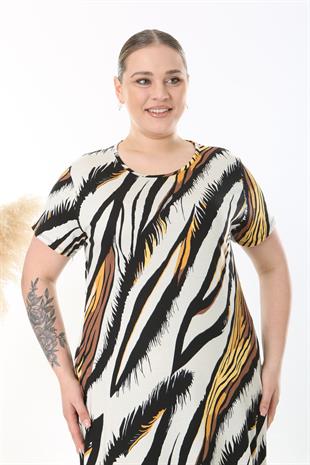 Kadın Beyaz Siyah Zebra Desen Midi Elbise