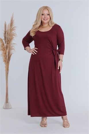 Kadın Bordo Bağlama Detaylı Büyük Beden Esnek Maxi Elbise