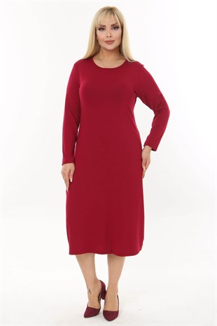 Kadın Bordo Basic Uzun Kol Büyük Beden Esnek Viskon Elbise