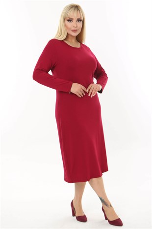 Kadın Bordo Basic Uzun Kol Büyük Beden Esnek Viskon Elbise