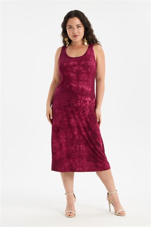 Kadın Bordo Batik Boyama Askılı Büyük Beden Elbise