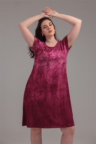 Kadın Bordo Batik Boyama Büyük Beden Esnek Midi Elbise