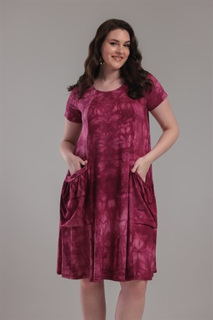 Kadın Bordo Batik Boyama Cepli Salaş 42-54 Uyumlu Standart Beden Esnek Elbise