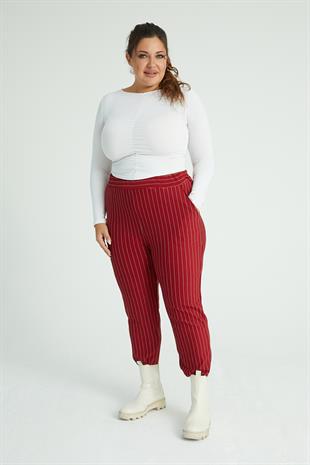 Kadın Bordo Beyaz Çizgili Esnek Krep Kumaş Pantolon