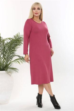 Kadın Gül Kurusu Basic Uzun Kol Büyük Beden Esnek Viskon Elbise