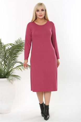 Kadın Gül Kurusu Basic Uzun Kol Büyük Beden Esnek Viskon Elbise