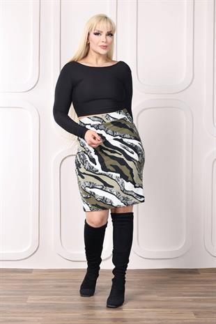Kadın Haki Siyah Kamufle Desen Esnek Süet Kalem Etek