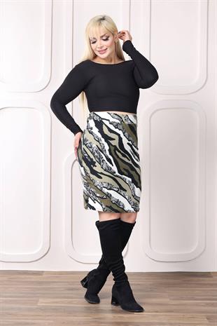 Kadın Haki Siyah Kamufle Desen Esnek Süet Kalem Etek