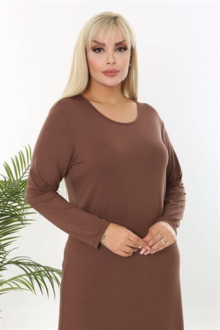 Kadın Kahve Basic Uzun Kol Büyük Beden Esnek Viskon Elbise