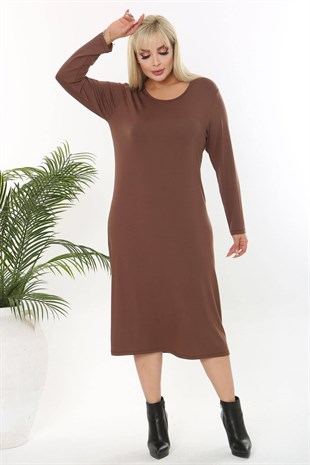 Kadın Kahve Basic Uzun Kol Büyük Beden Esnek Viskon Elbise