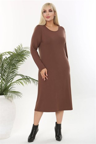 Kadın Kahve Basic Uzun Kol Büyük Beden Esnek Viskon Elbise