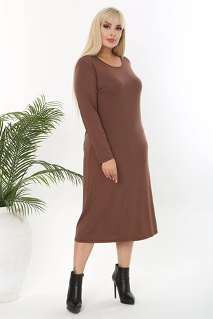 Kadın Kahve Basic Uzun Kol Büyük Beden Esnek Viskon Elbise