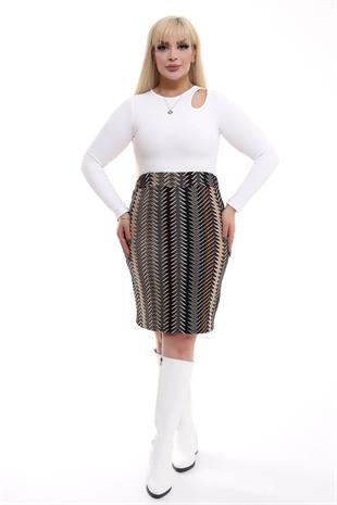 Kadın Kahve Bej Etnik Desen Esnek Süet Kalem Etek