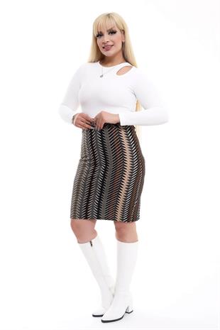 Kadın Kahve Bej Etnik Desen Esnek Süet Kalem Etek