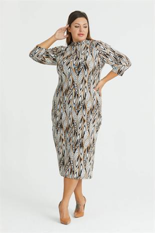 Kadın Kahve Beyaz Asimetrik Yaprak Desen Yarım Balıkçı Yaka Büyük Beden Yırtmaçlı Esnek Süet Elbise