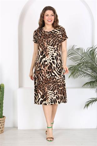 Kadın Kahve Siyah Leopar Desen Midi Elbise