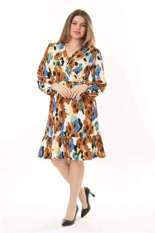 Kadın Kahve Suluboya Çiçek Desen Kruvaze Yaka Balon Kol Büyük Beden Esnek Elbise