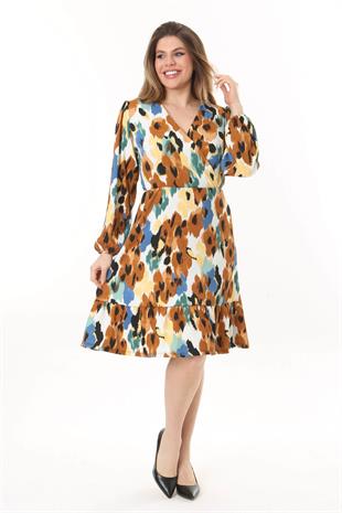 Kadın Kahve Suluboya Çiçek Desen Kruvaze Yaka Balon Kol Büyük Beden Esnek Elbise