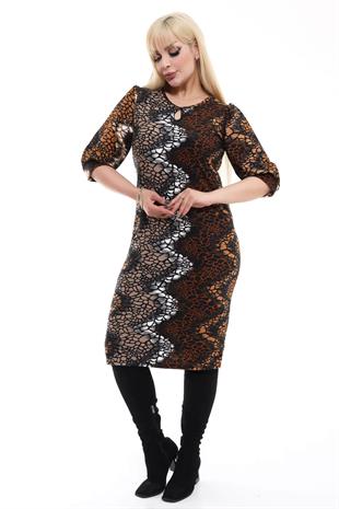 Kadın Kahve Ton Taş Desen Damla Yaka Balon Kol Büyük Beden Esnek Süet Elbise