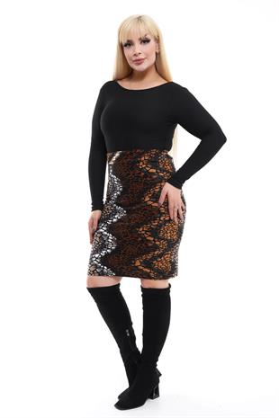 Kadın Kahve Ton Taş Desen Esnek Süet Kalem Etek