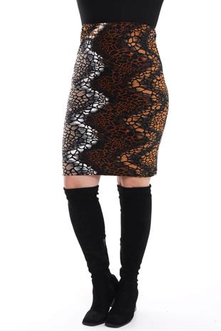 Kadın Kahve Ton Taş Desen Esnek Süet Kalem Etek