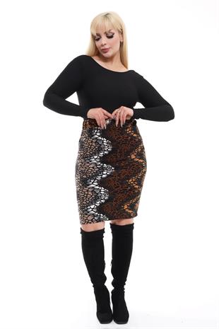 Kadın Kahve Ton Taş Desen Esnek Süet Kalem Etek