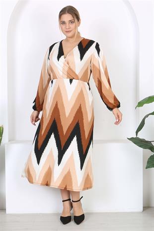 Kadın Kahve Zigzag Desen Kruvaze Yaka Balon Kol Maxi Boy Bürümcük Elbise