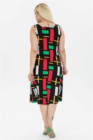 Kadın Karışık Renk Geometrik Desenli Askılı Büyük Beden Elbise