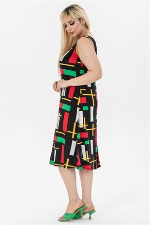 Kadın Karışık Renk Geometrik Desenli Askılı Büyük Beden Elbise