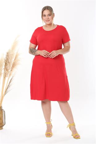 Kadın Kırmızı Büyük Beden Esnek Midi Elbise