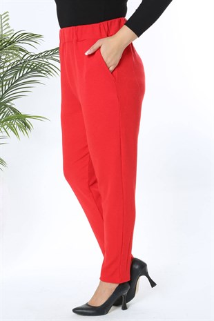 Kadın Kırmızı Esnek Kışlık Gofre Kumaş Havuç Pantolon