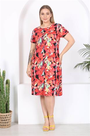 Kadın Kırmızı Floral Suluboya Desen Midi Elbise