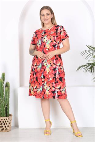 Kadın Kırmızı Floral Suluboya Desen Midi Elbise