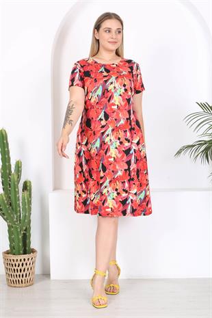 Kadın Kırmızı Floral Suluboya Desen Midi Elbise
