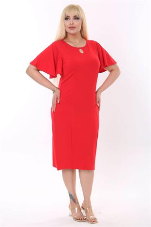 Kadın Kırmızı Kelebek Kol Kuplu Büyük Beden Elbise
