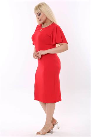 Kadın Kırmızı Kelebek Kol Kuplu Büyük Beden Elbise