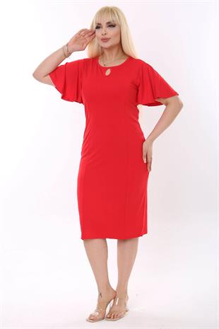 Kadın Kırmızı Kelebek Kol Kuplu Büyük Beden Elbise