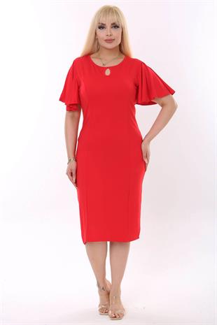 Kadın Kırmızı Kelebek Kol Kuplu Büyük Beden Elbise