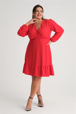 Kadın Kırmızı Kruvaze Yaka Balon Kol Büyük Beden Esnek Elbise