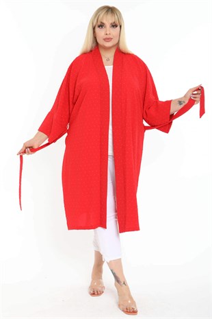 Kadın Kırmızı Puantiye Kabartmalı Ayrobin Büyük Beden Kimono