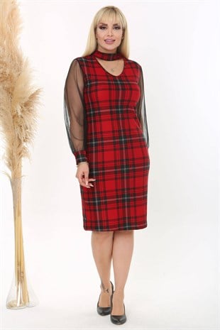 Kadın Kırmızı Siyah Ekose Desen Yaka Detay Tül Kol Büyük Beden Esnek Süet Elbise
