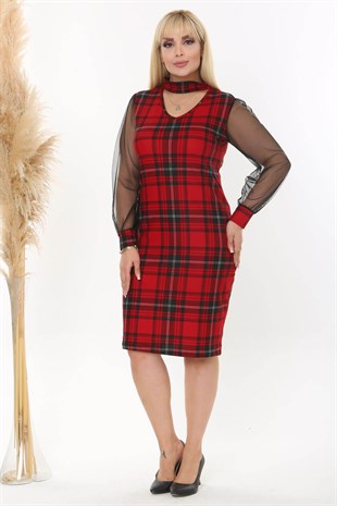Kadın Kırmızı Siyah Ekose Desen Yaka Detay Tül Kol Büyük Beden Esnek Süet Elbise