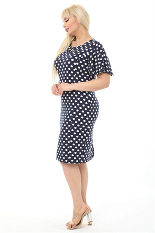 Kadın Lacivert Beyaz Puantiye Desenli Kelebek Kol Kuplu Büyük Beden Elbise