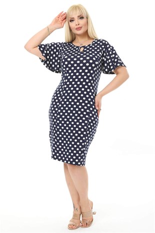 Kadın Lacivert Beyaz Puantiye Desenli Kelebek Kol Kuplu Büyük Beden Elbise